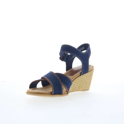 Clarks Emmalae Iris 26181666 Womens Blue Wide Canvas Wedges Sandals Shoes