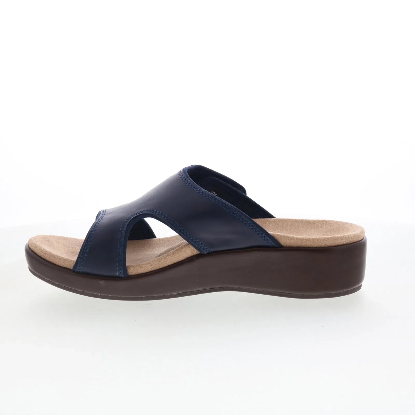 Spenco Karla Wedge SP1082PEA Womens Blue Leather Slides Sandals Shoes