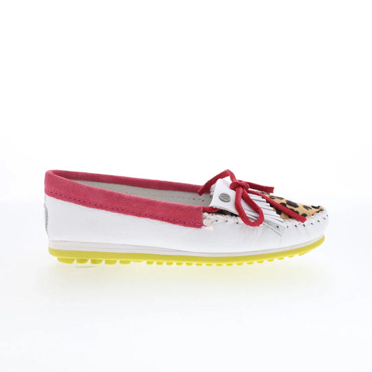 Minnetonka Kilty Plus Leopard Plug 4328 Womens White Loafer Flats Shoes