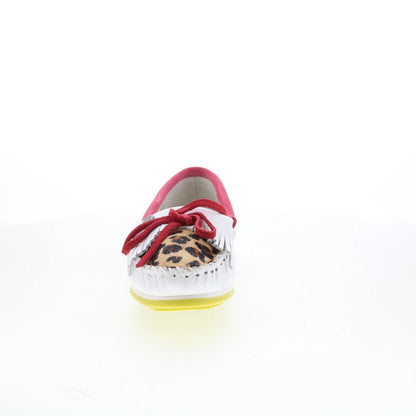 Minnetonka Kilty Plus Leopard Plug 4328 Womens White Loafer Flats Shoes