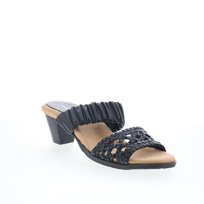 Trotters Mae T2314-001 Womens Black Leather Slip On Heeled Sandals Shoes