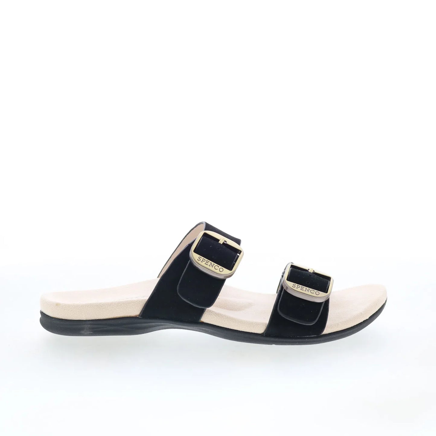 Spenco Vista SP1065BLK Womens Black Leather Slip On Slides Sandals Shoes