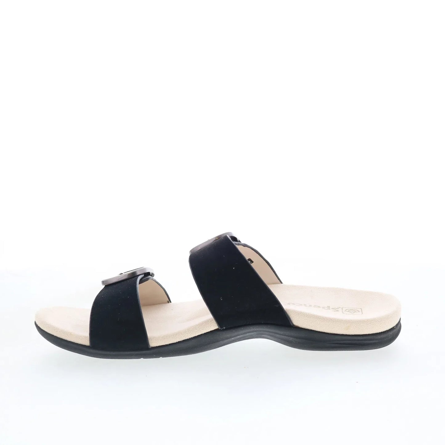 Spenco Vista SP1065BLK Womens Black Leather Slip On Slides Sandals Shoes