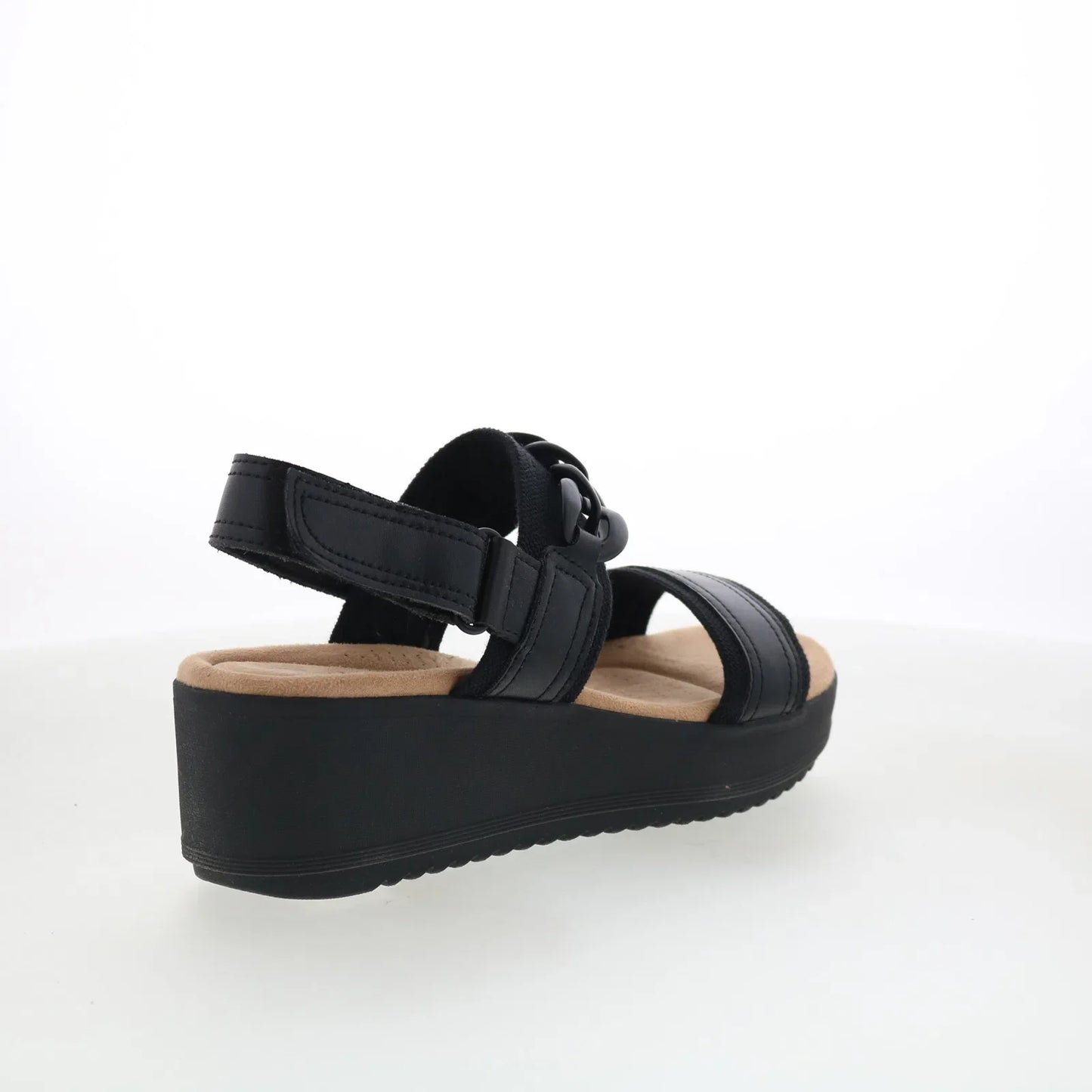 Clarks Wrenly Eve 26182085 Womens Black Wide Leather Wedges Sandals Shoes